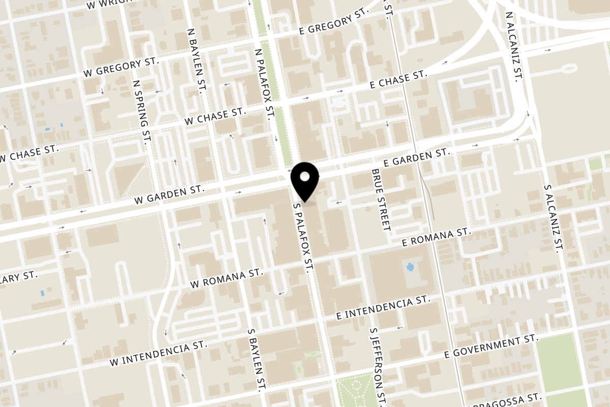Map showing the location of Dieci Pizza Pensacola on 10 S Palafox St in Pensacola